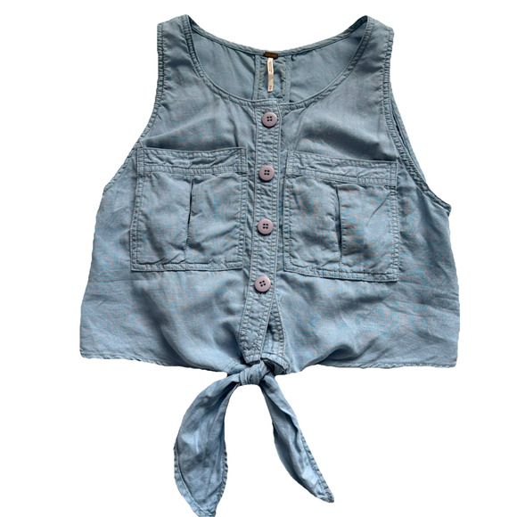 Free People Highway Cruisin' Tank Womens XS Blue Linen Blend Button Front Tie - Picture 9 of 10